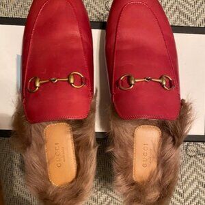 Gucci Princetown Red Leather Fur Mules, Sz 42 NWB